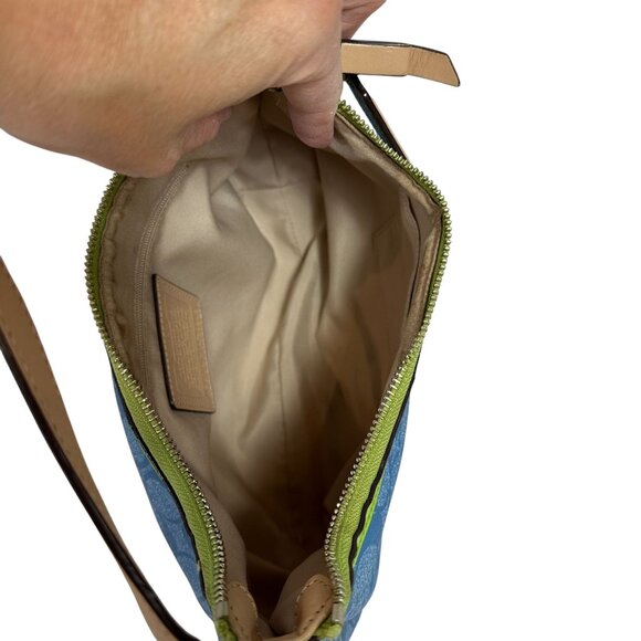 Coach Signature Stripe Shoulder Baguette Demi Bag Blue Lime Green F29942 - Picture 6 of 15